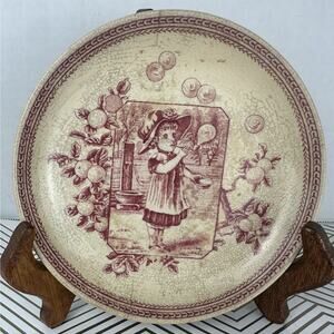 Old Hall Earthenware Co Mother Hubbard Transferware 6” Red Plate C1861-1884